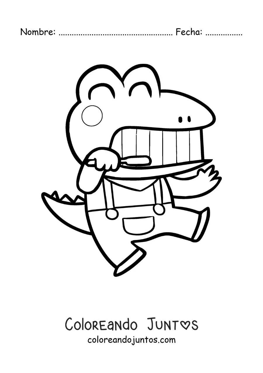 Imagen para colorear de un cocodrilo animado kawaii cepillándose los dientes