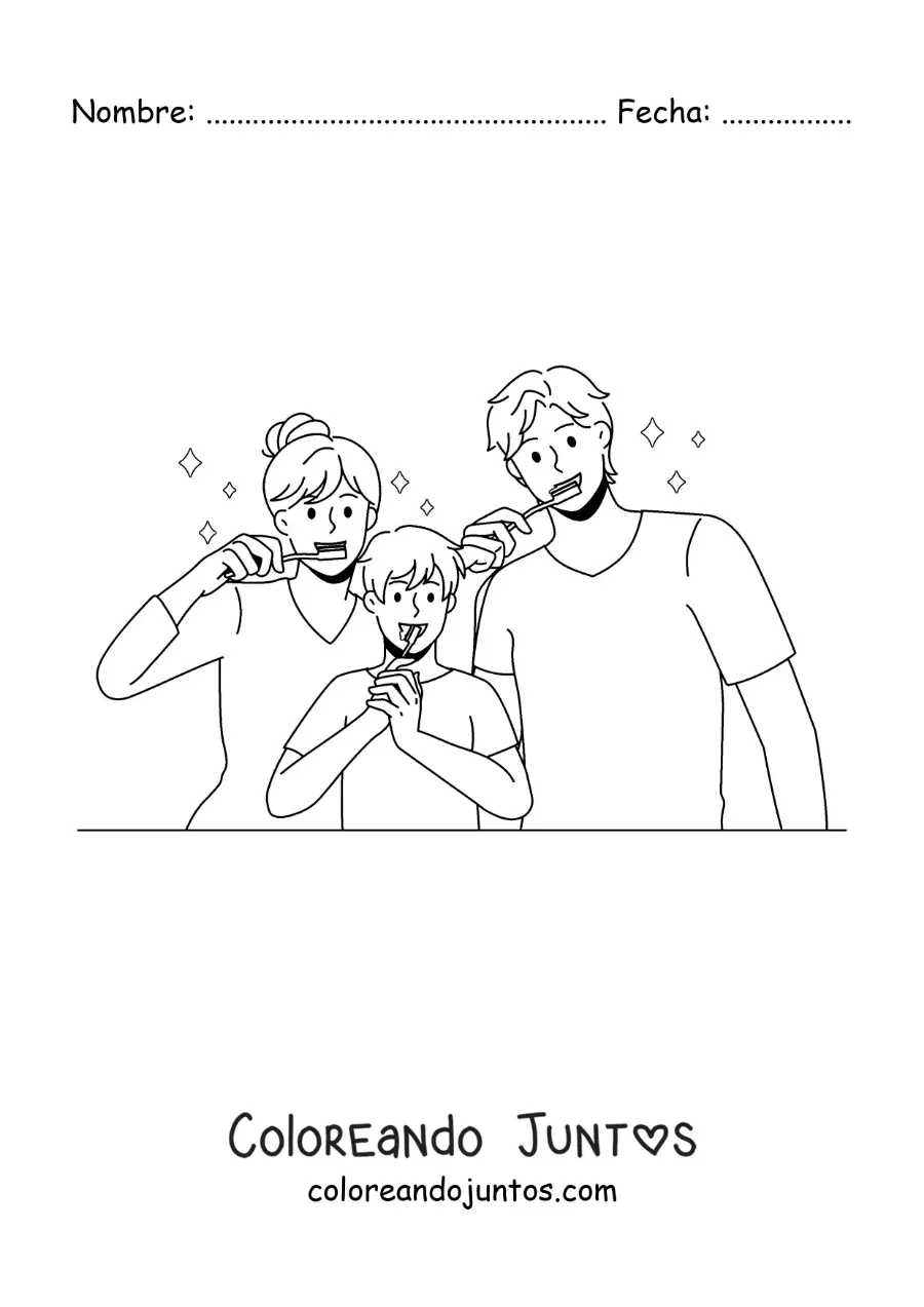 Imagen para colorear de una familia animada cepillándose los dientes