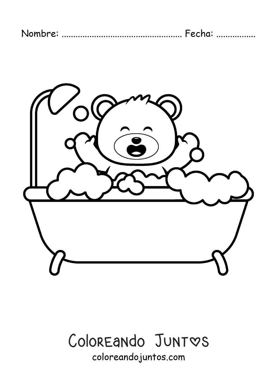 Imagen para colorear de un osito kawaii tomando un baño