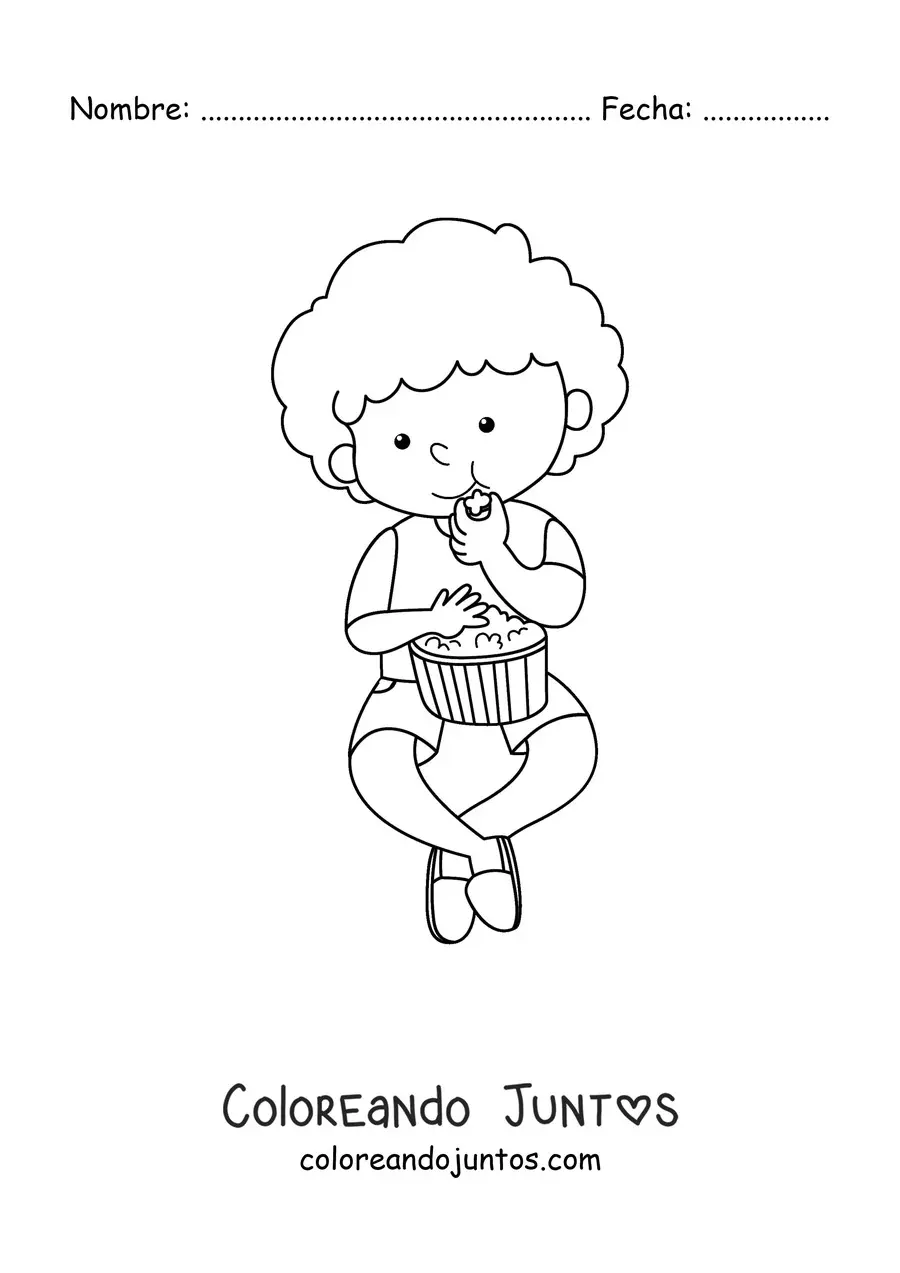 Imagen para colorear de un niño sentado comiendo palomitas