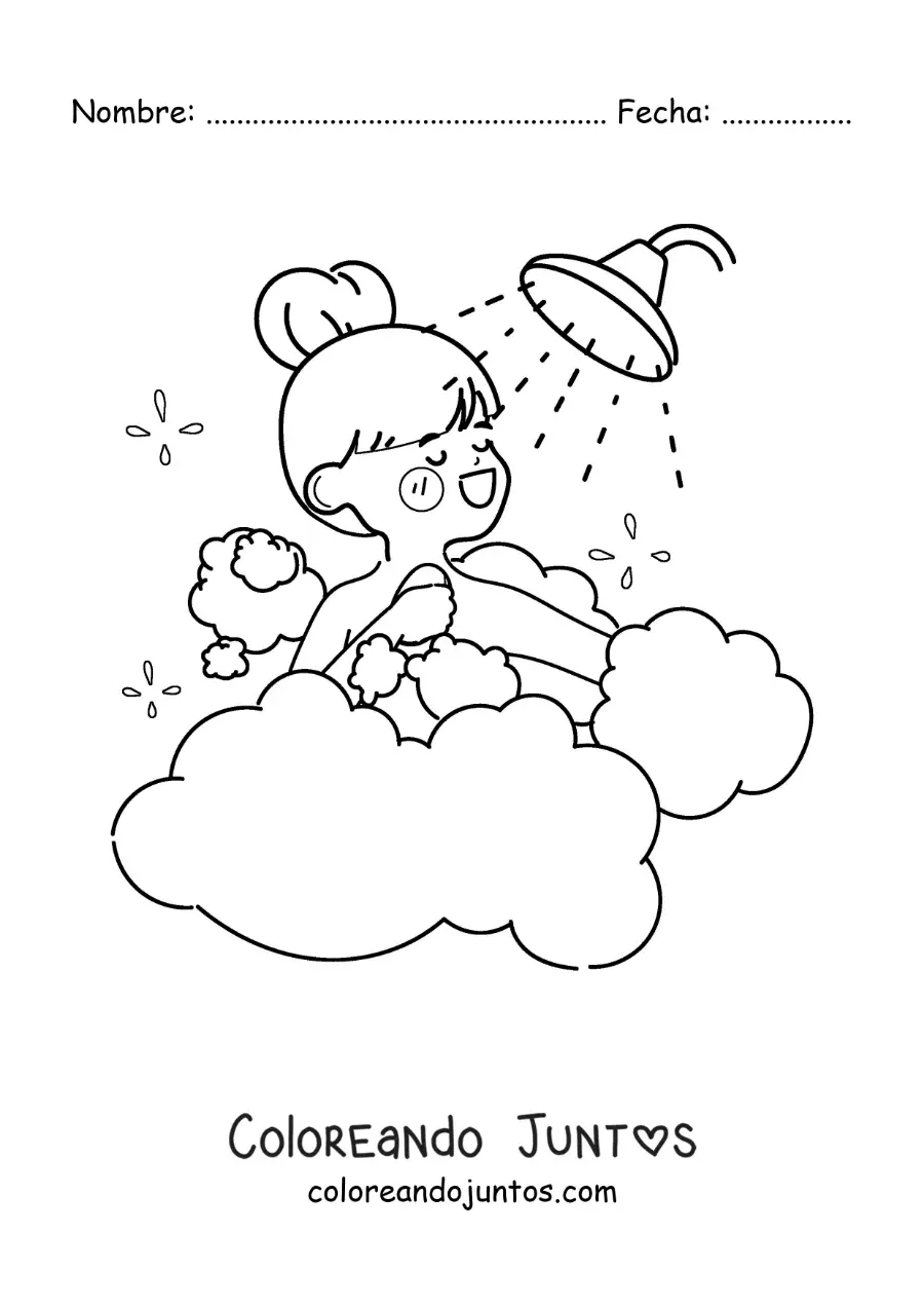 Imagen para colorear de una chica kawaii aseándose en la ducha