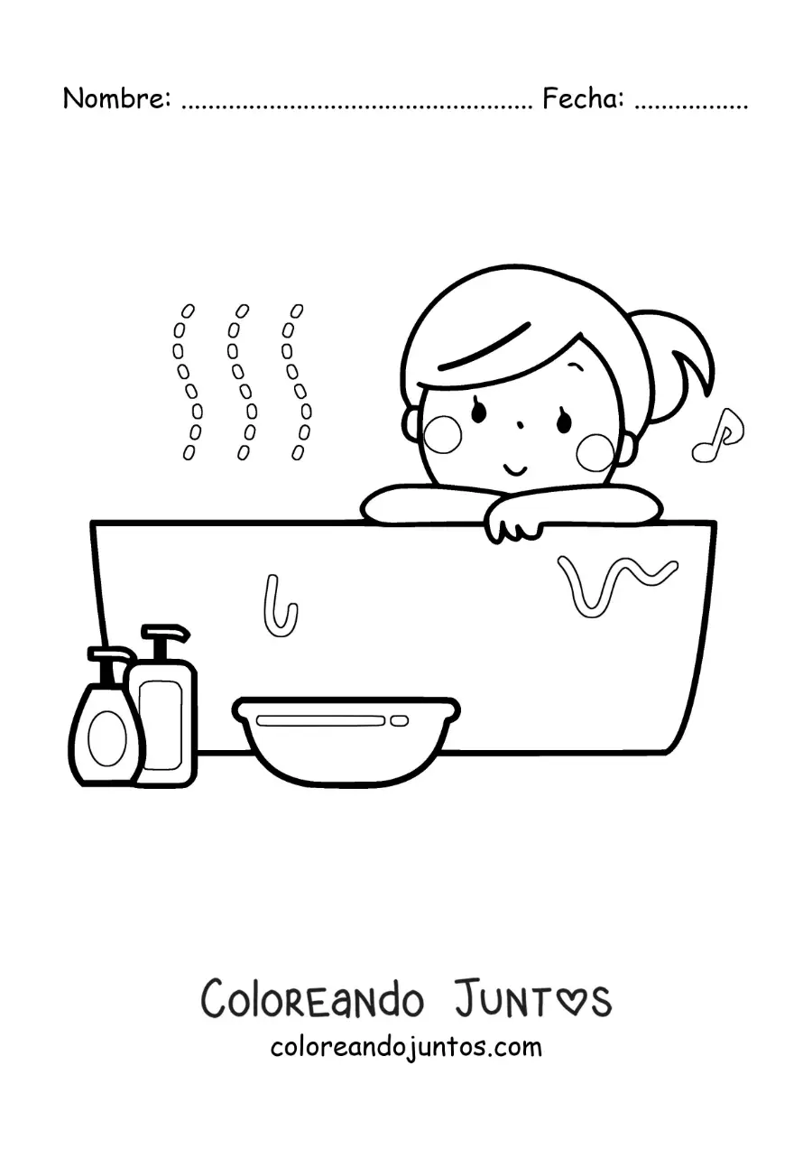 Imagen para colorear de una chica kawaii en la bañera con música