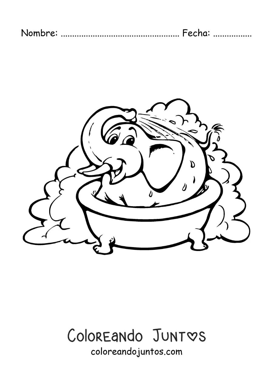 Imagen para colorear de un elefante animado bañándose en la bañera