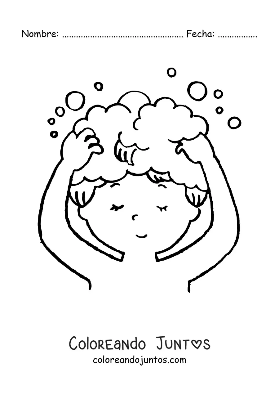 Imagen para colorear de una niña lavando su cabello con shampoo