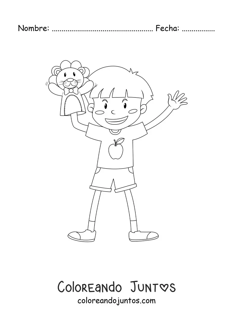 Imagen para colorear de un niño jugando con una marioneta