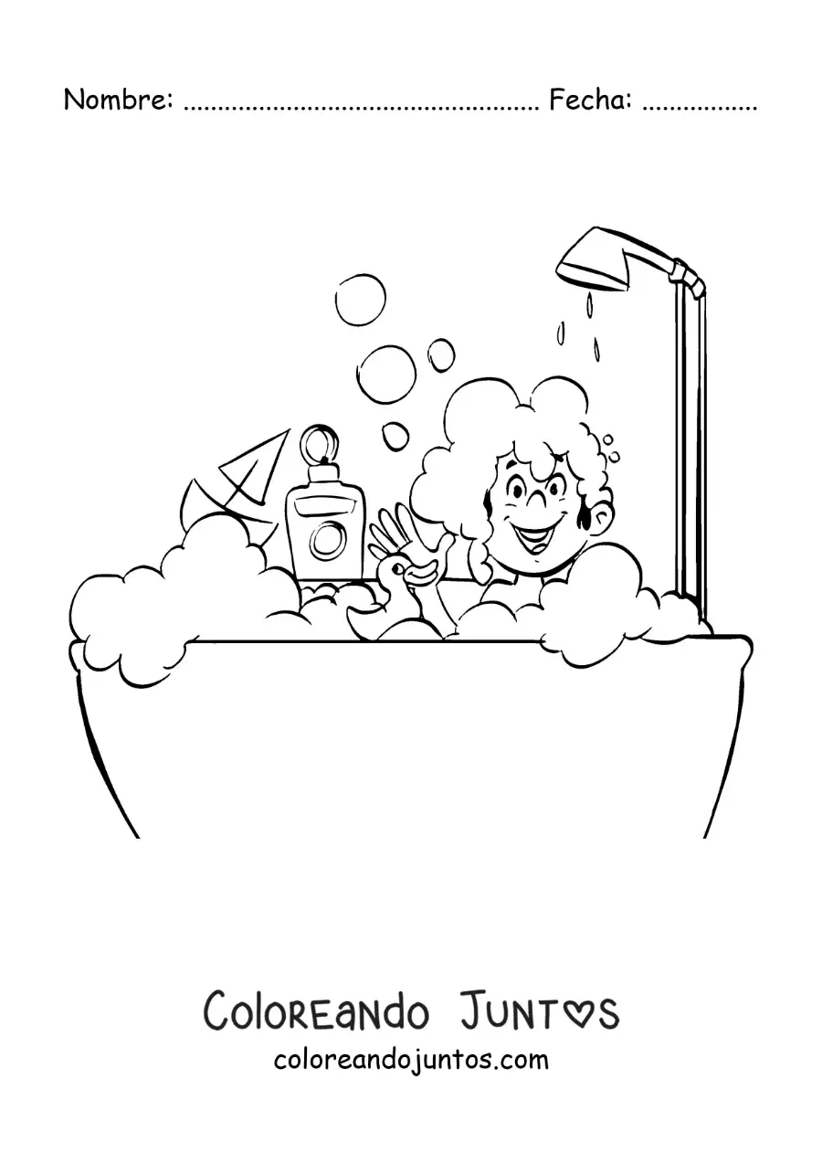 Imagen para colorear de un niño jugando en la bañera
