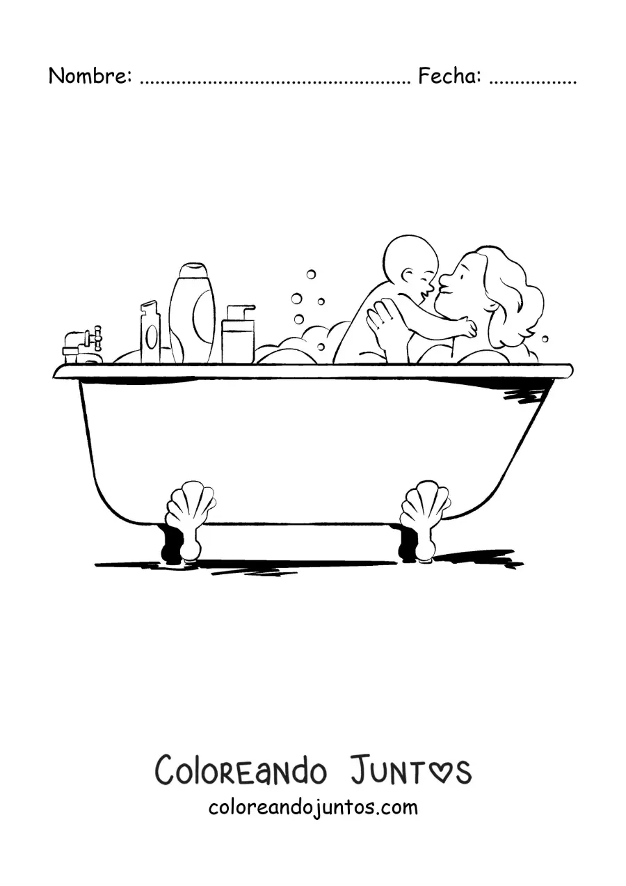 Imagen para colorear de una madre en la bañera con su bebé