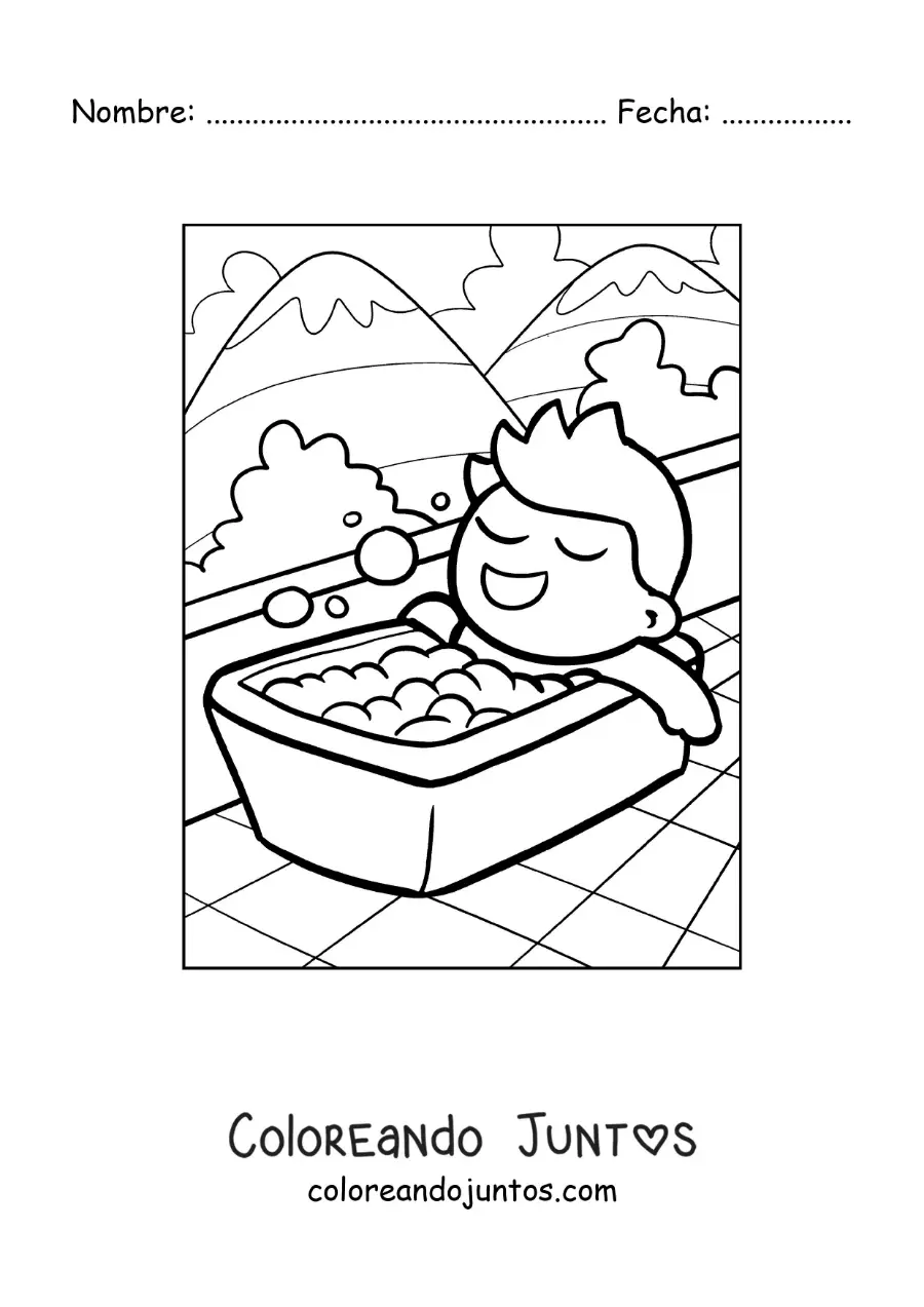 Imagen para colorear de una caricatura de un niño tomando un baño relajante