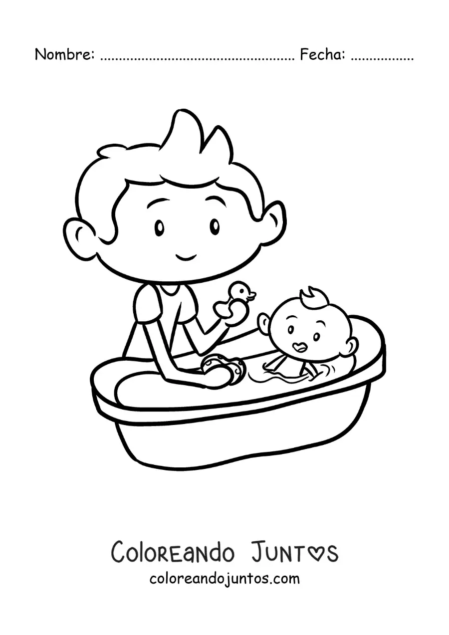 Imagen para colorear de un niño bañando a su hermano bebé