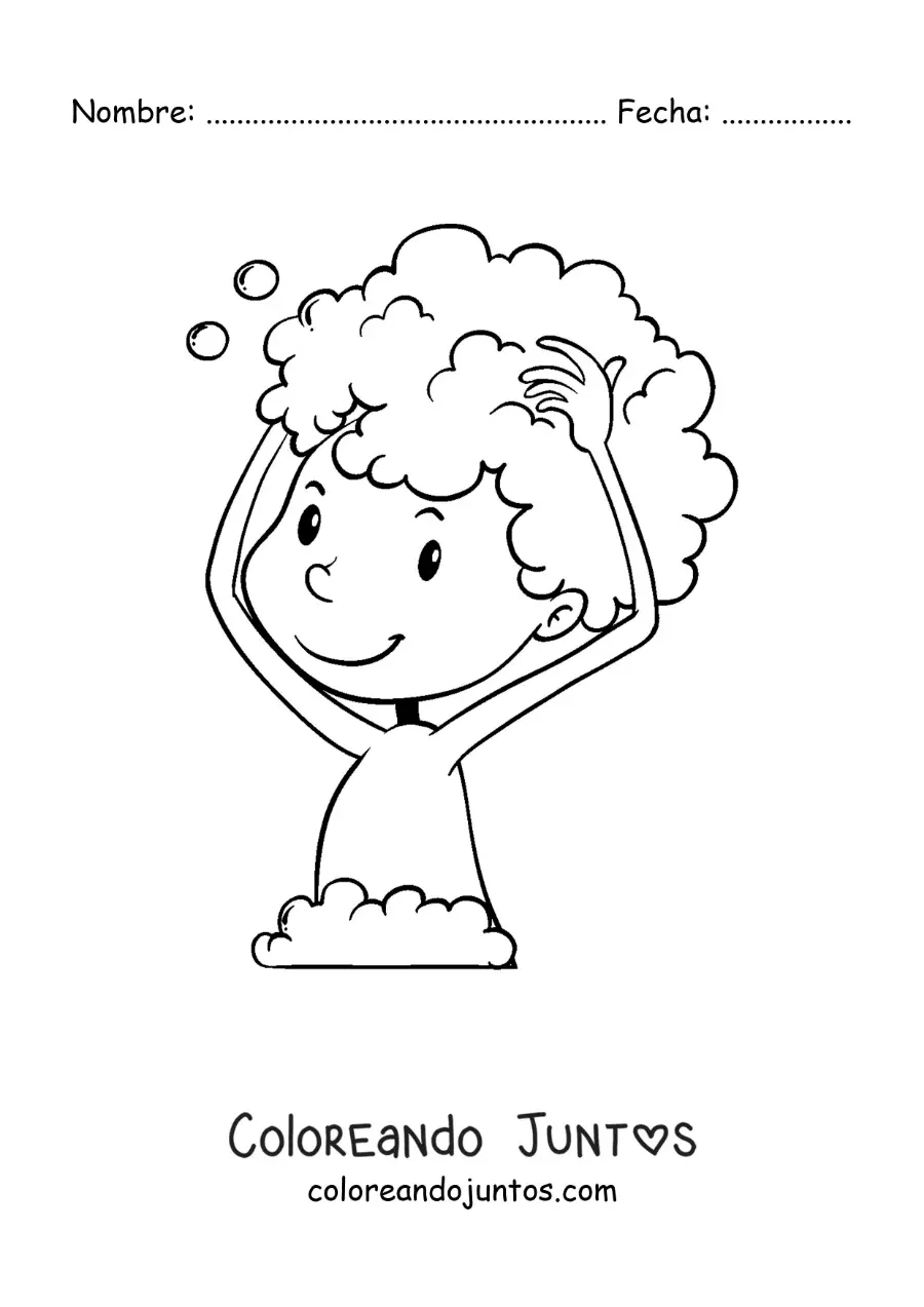 Imagen para colorear de un niño lavando su cabello con shampoo