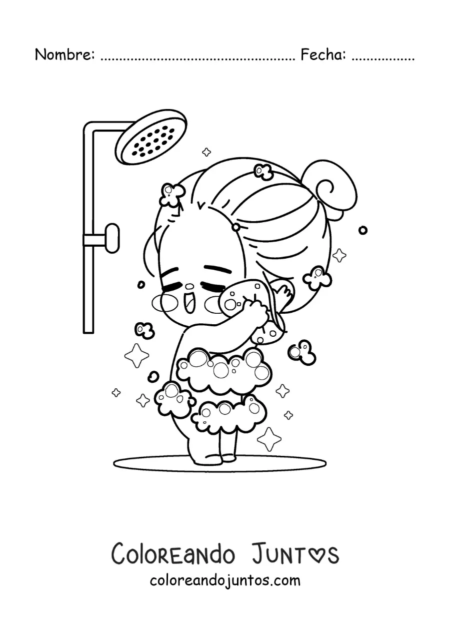 Imagen para colorear de una chica kawaii cantando mientras toma una ducha