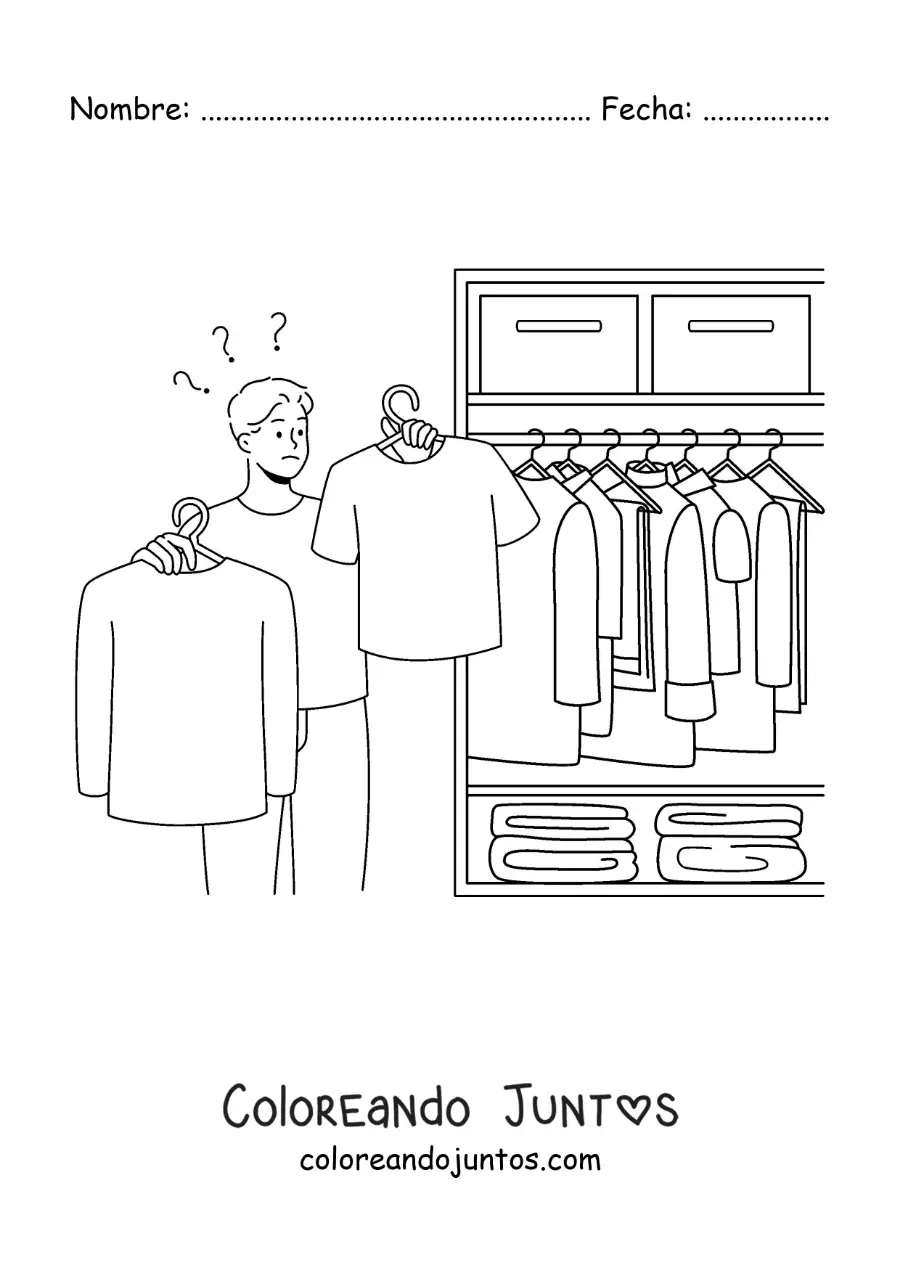 Imagen para colorear de un hombre eligiendo una camisa de su guardarropa