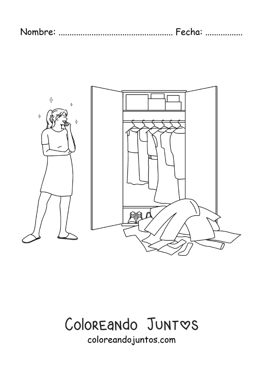 Imagen para colorear de una chica eligiendo qué ponerse de su armario