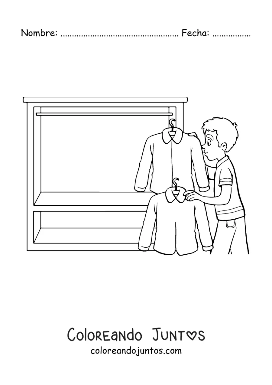 Imagen para colorear de un niño sacando camisas de su armario