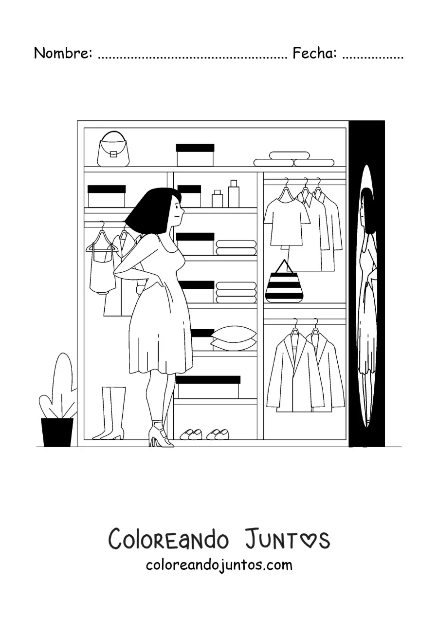 Imagen para colorear de una chica eligiendo su outfit para salir