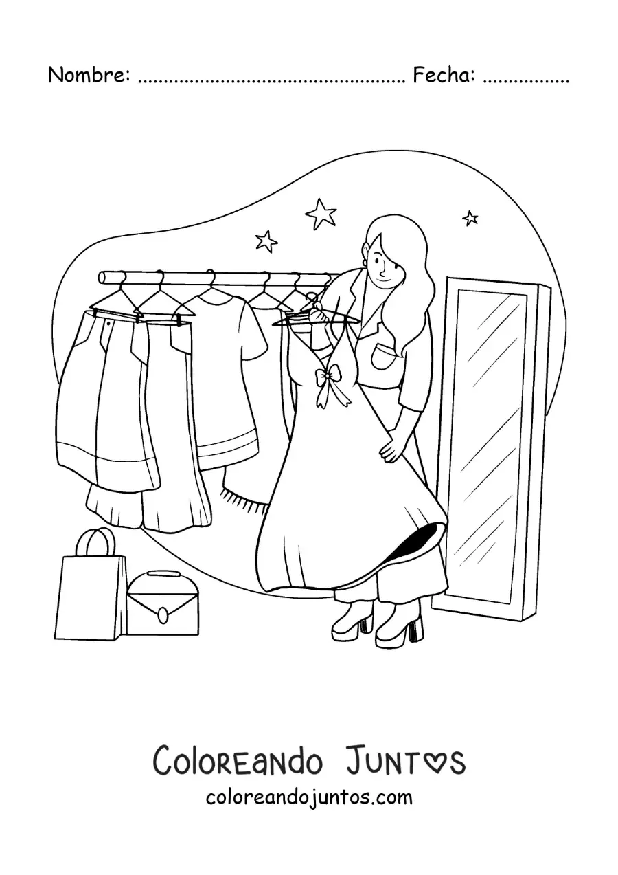 Imagen para colorear de una chica eligiendo un vestido y un bolso de su armario