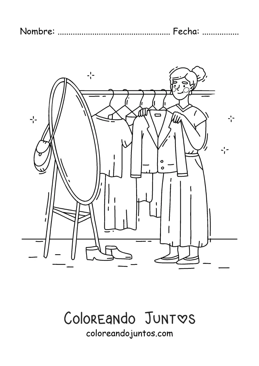 Imagen para colorear de una chica probándose un abrigo frente al espejo