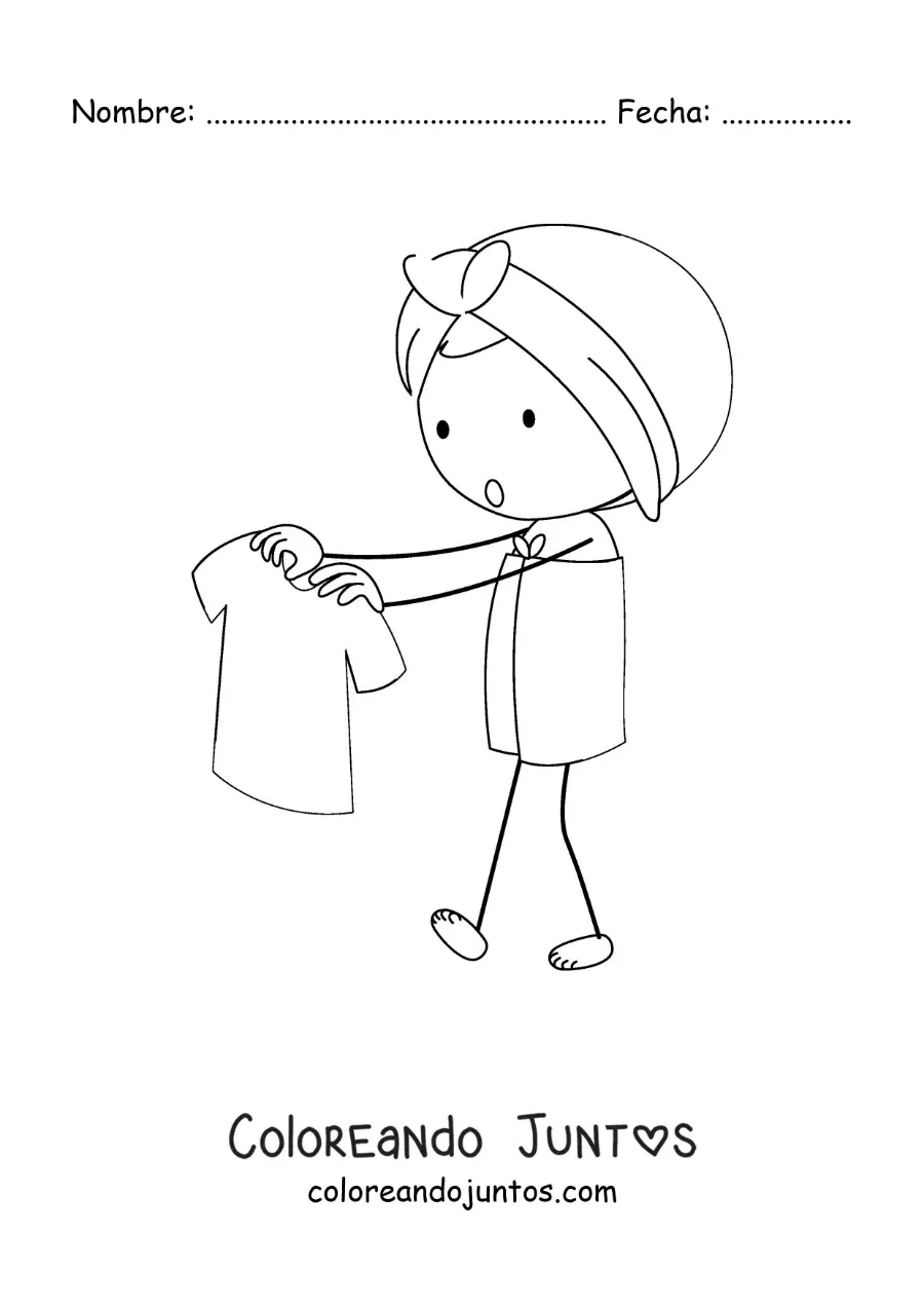 Imagen para colorear de una niña cubierta con toallas sosteniendo una camisa en una percha