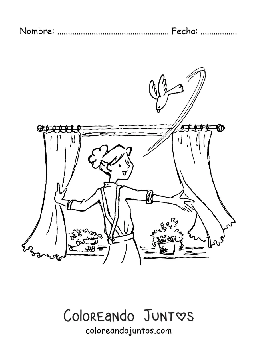 Imagen para colorear de una chica abriendo la ventana en la mañana