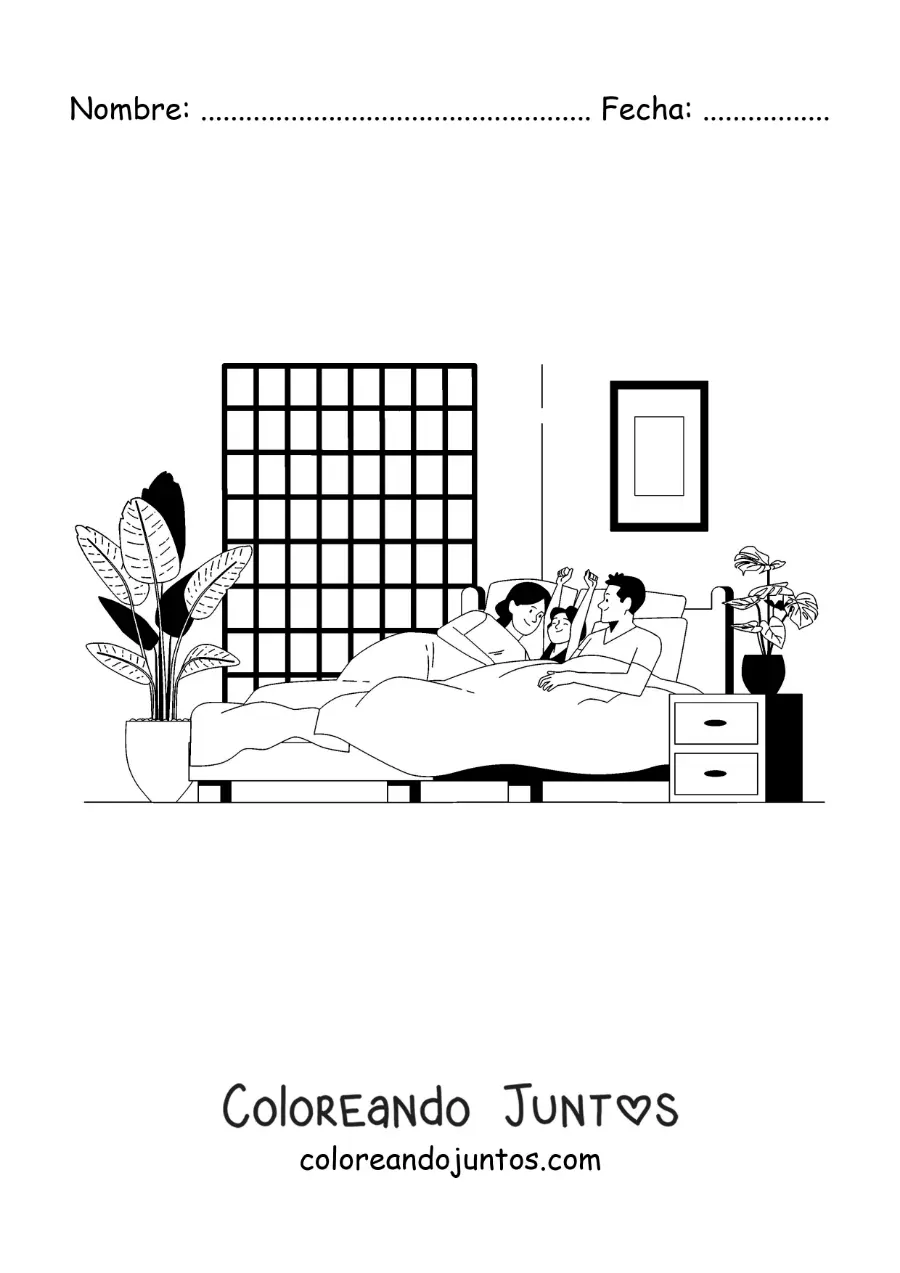 Imagen para colorear de una niña despertando junto a sus padres en la mañana