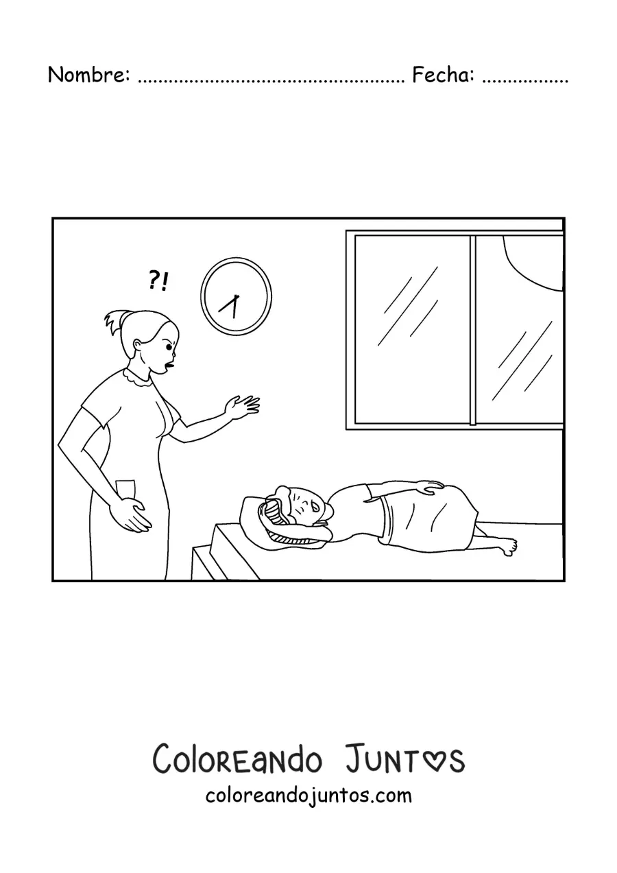 Imagen para colorear de una madre enfadada despertando temprano a su hijo