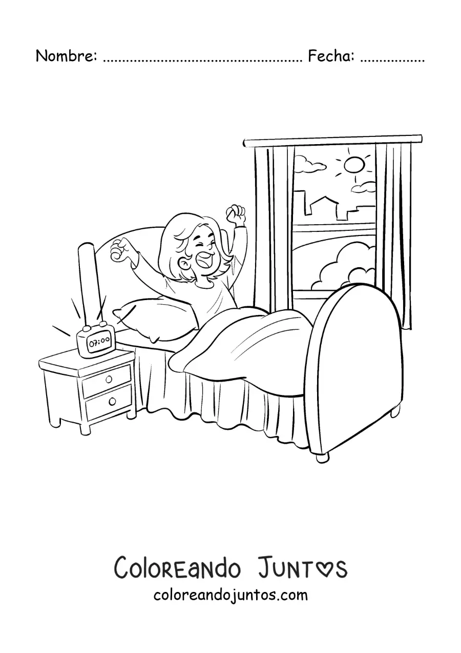 Imagen para colorear de una niña animada despertando en su habitación con un despertador