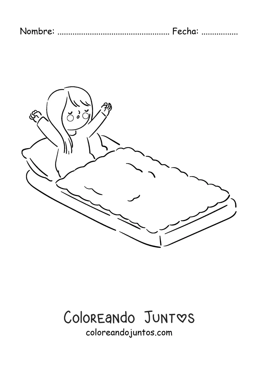 Imagen para colorear de una niña kawaii despertando en su cama