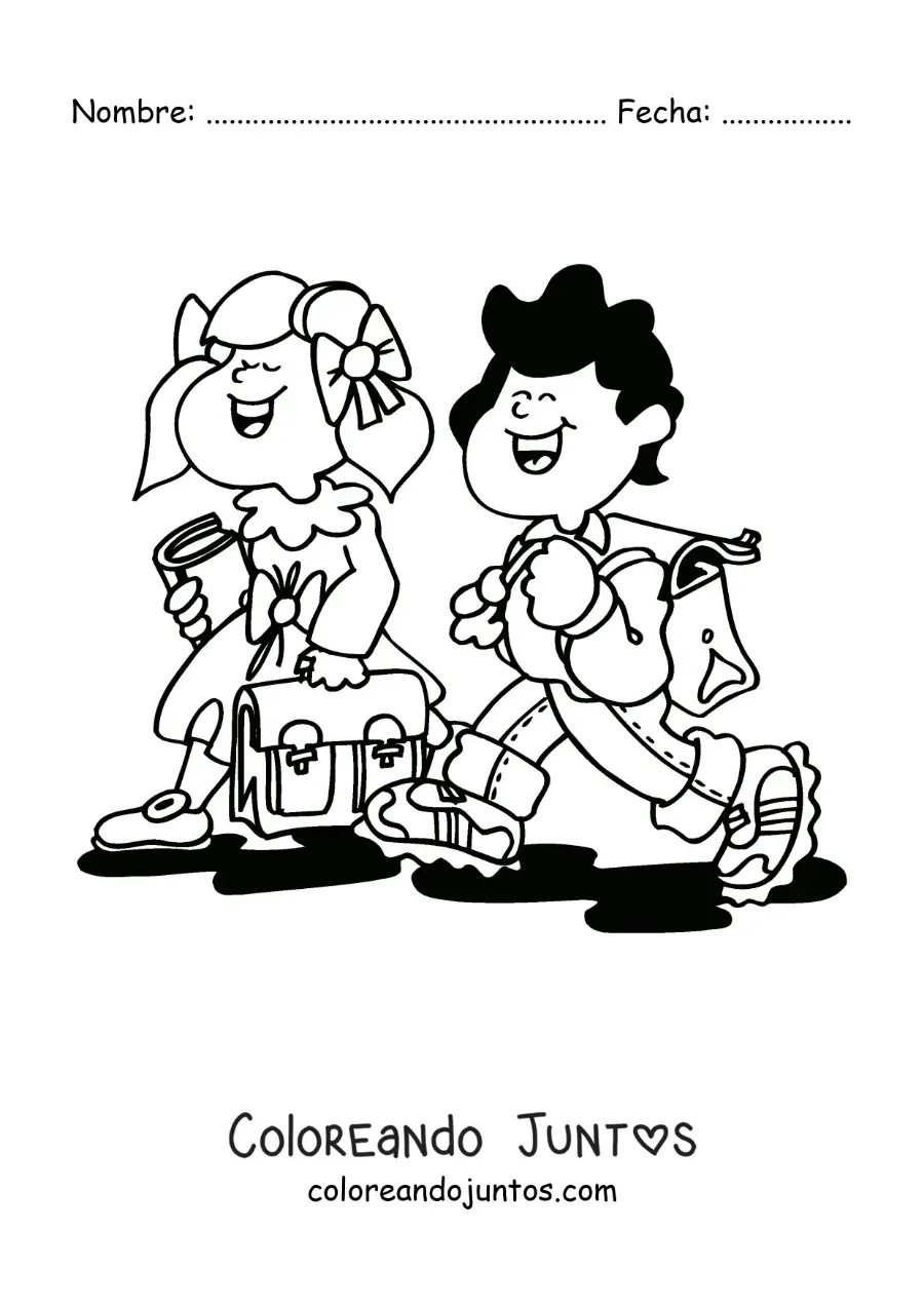Imagen para colorear de una caricatura de dos niños de camino a la escuela
