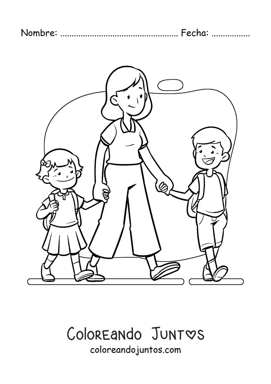 Imagen para colorear de una madre animada llevando a sus hijos a la escuela