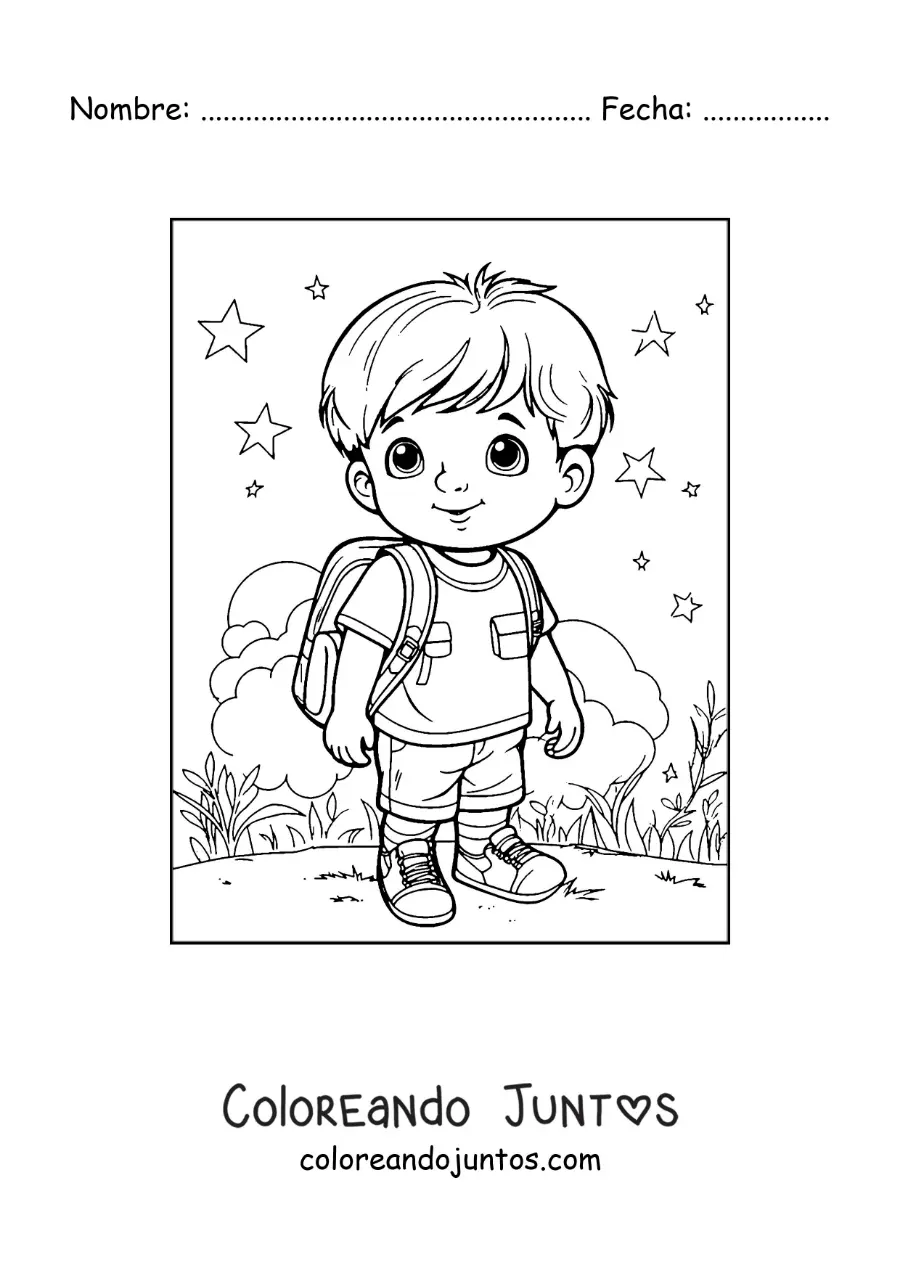 Imagen para colorear de un niño con su mochila camino a la escuela