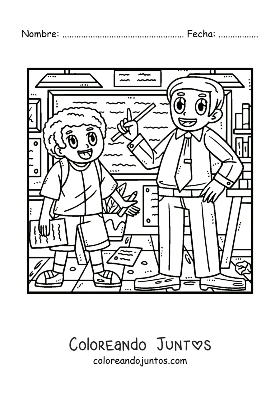 Imagen para colorear de un niño en el salón de clase con su maestro explicando