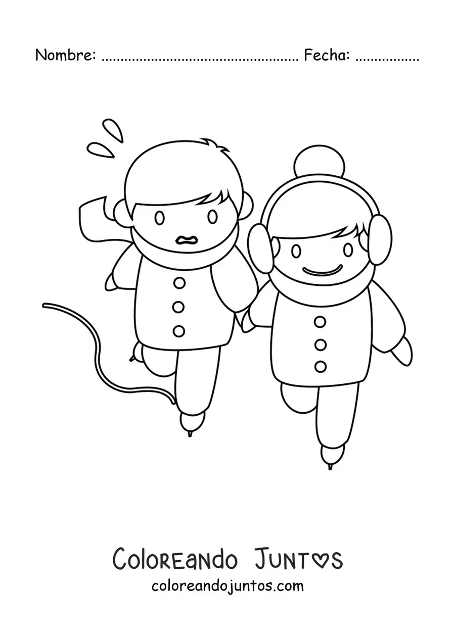 Imagen para colorear de un niño y un niña patinando en el hielo