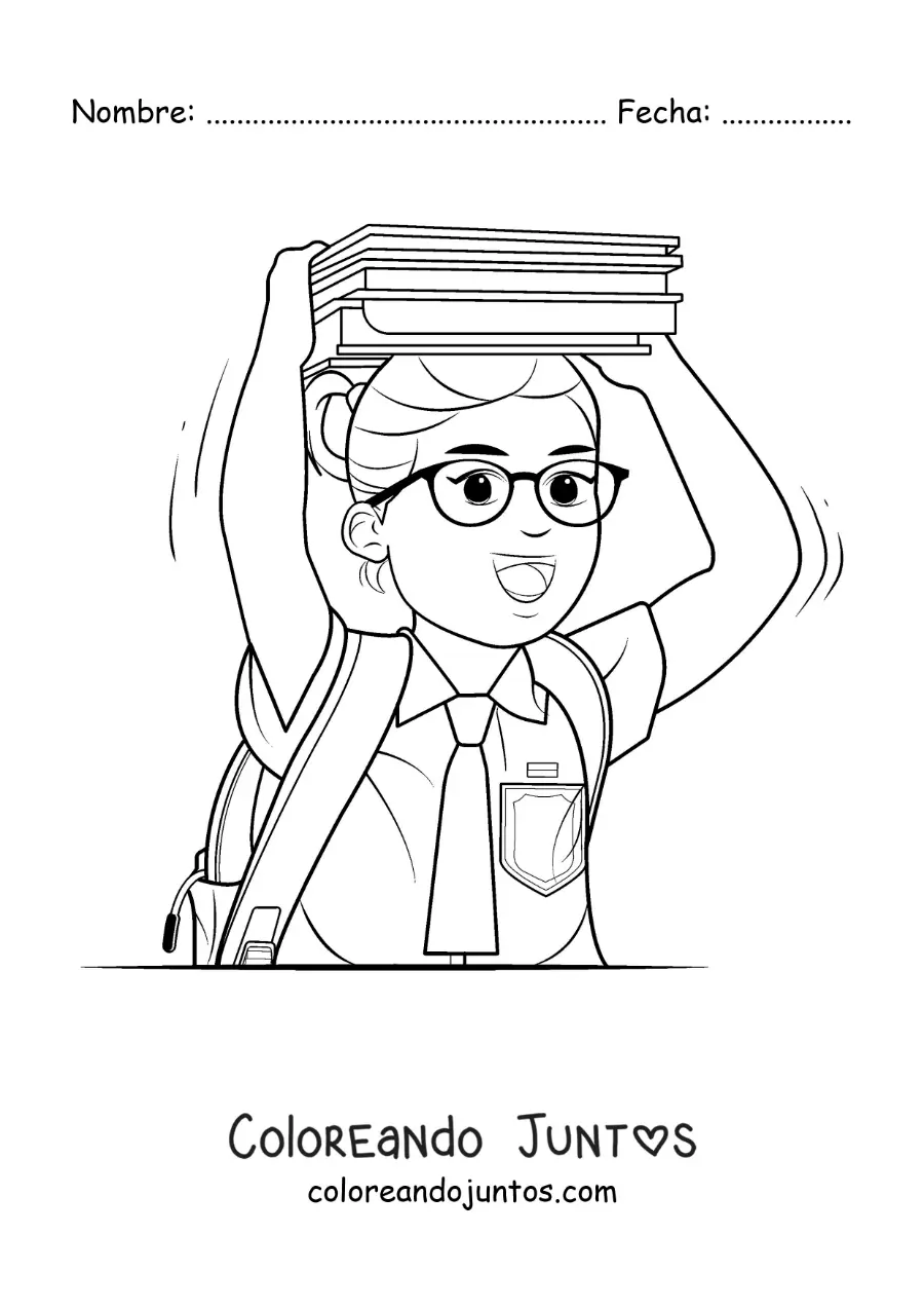 Imagen para colorear de una niña con uniforme escolar llevando libros