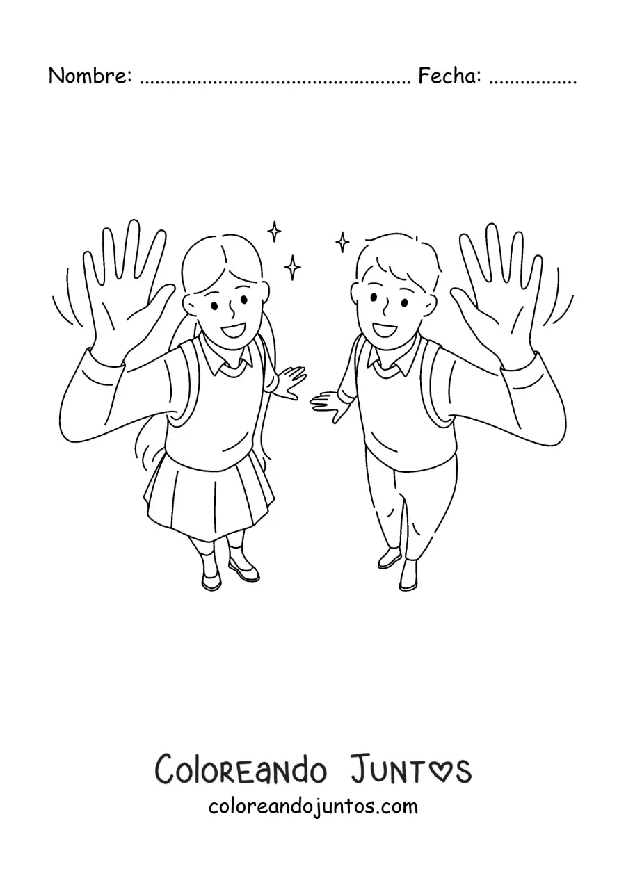 Imagen para colorear de una niña y un niño con uniforme saludando