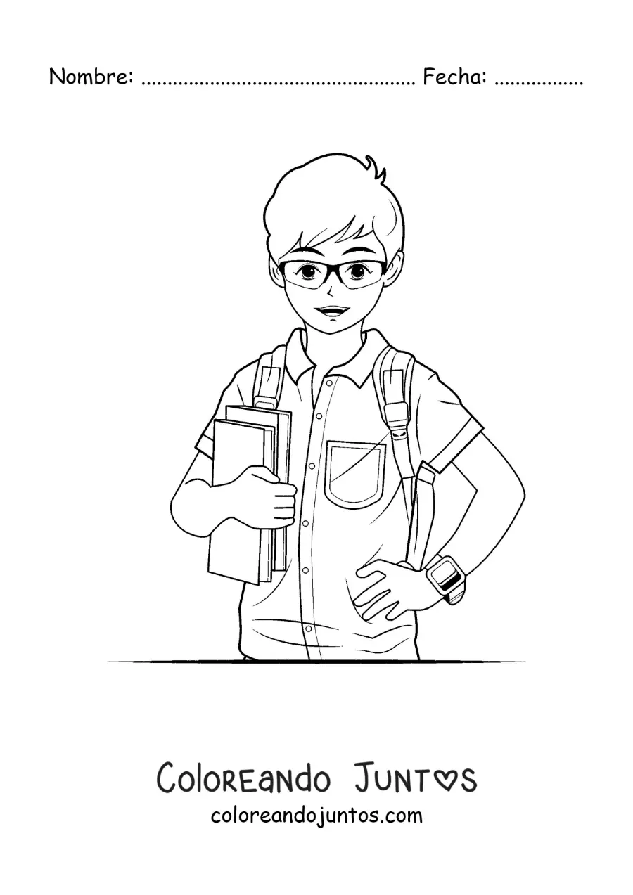 Imagen para colorear de un niño con uniforme y libros