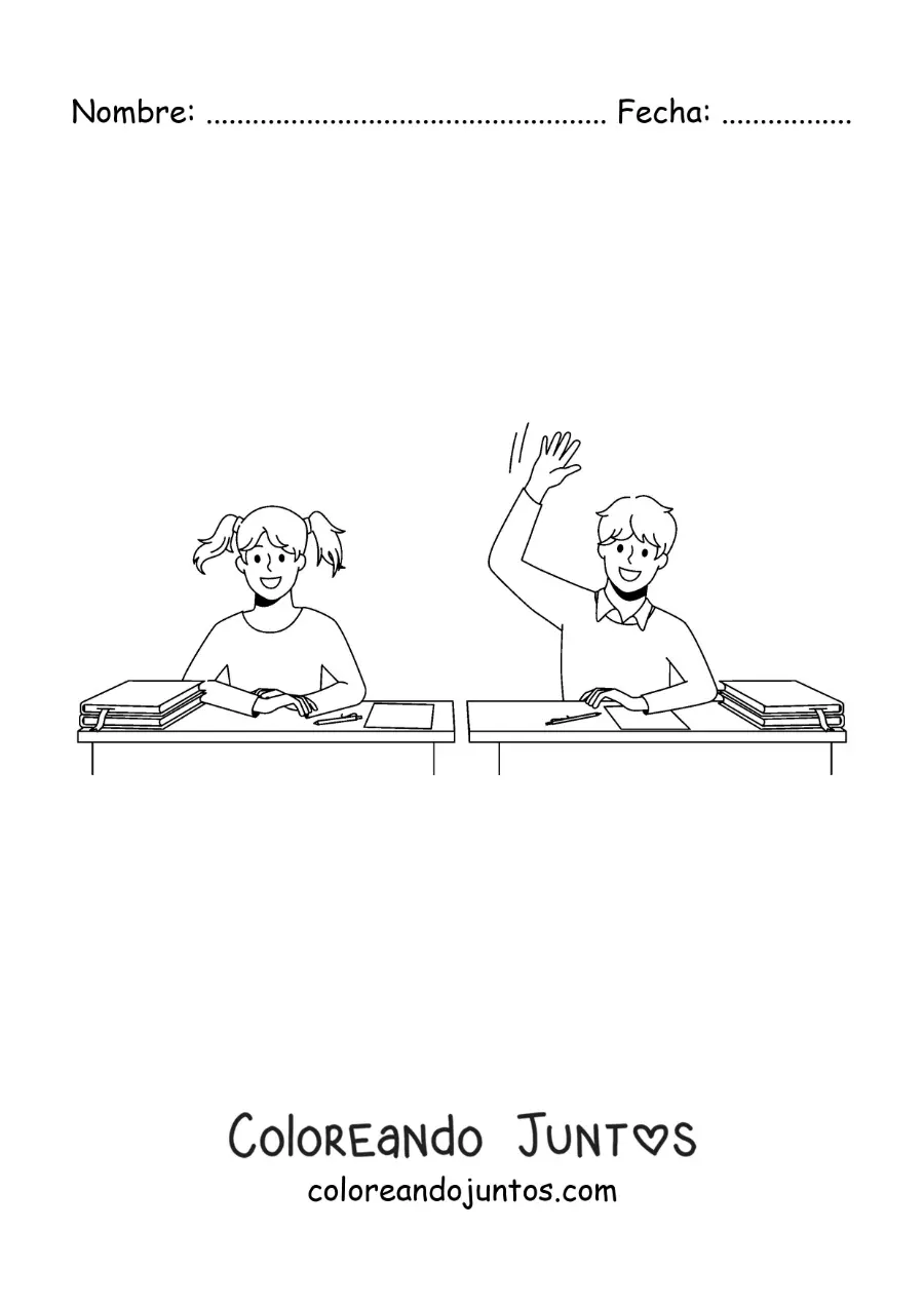 Imagen para colorear de una niña y un niño en el salón de clase