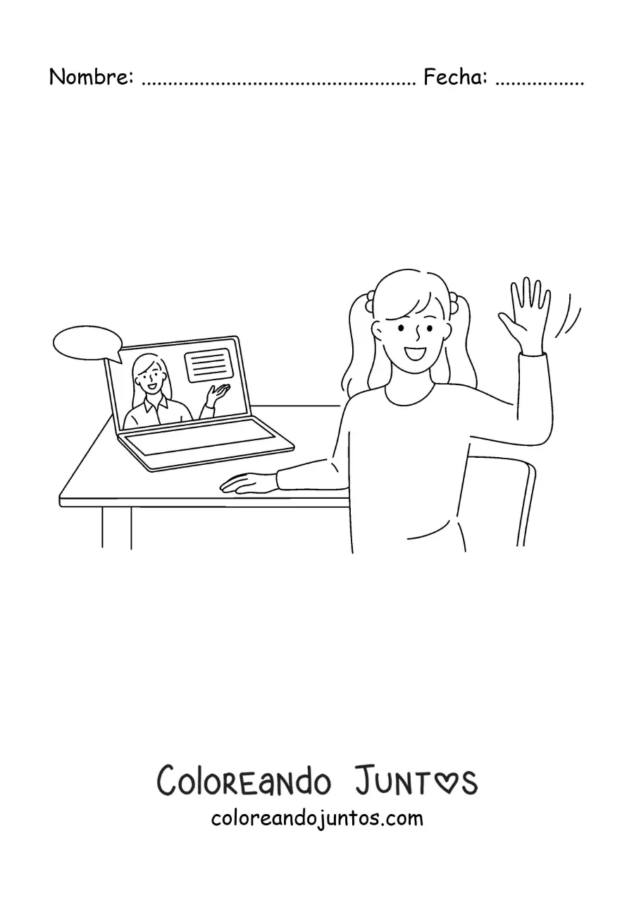 Imagen para colorear de una niña con su laptop en una clase online