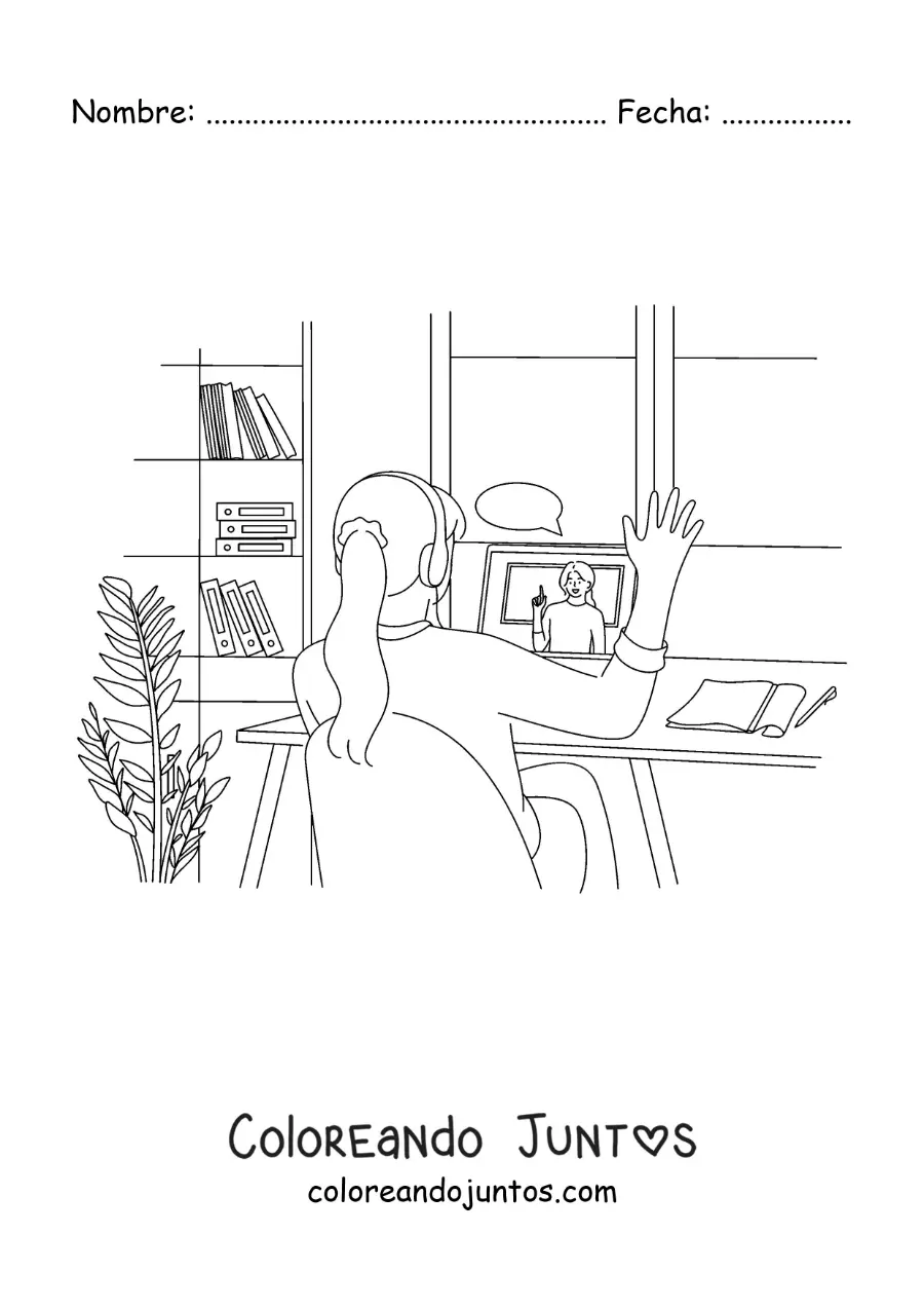 Imagen para colorear de una niña con audífonos participando en una clase online