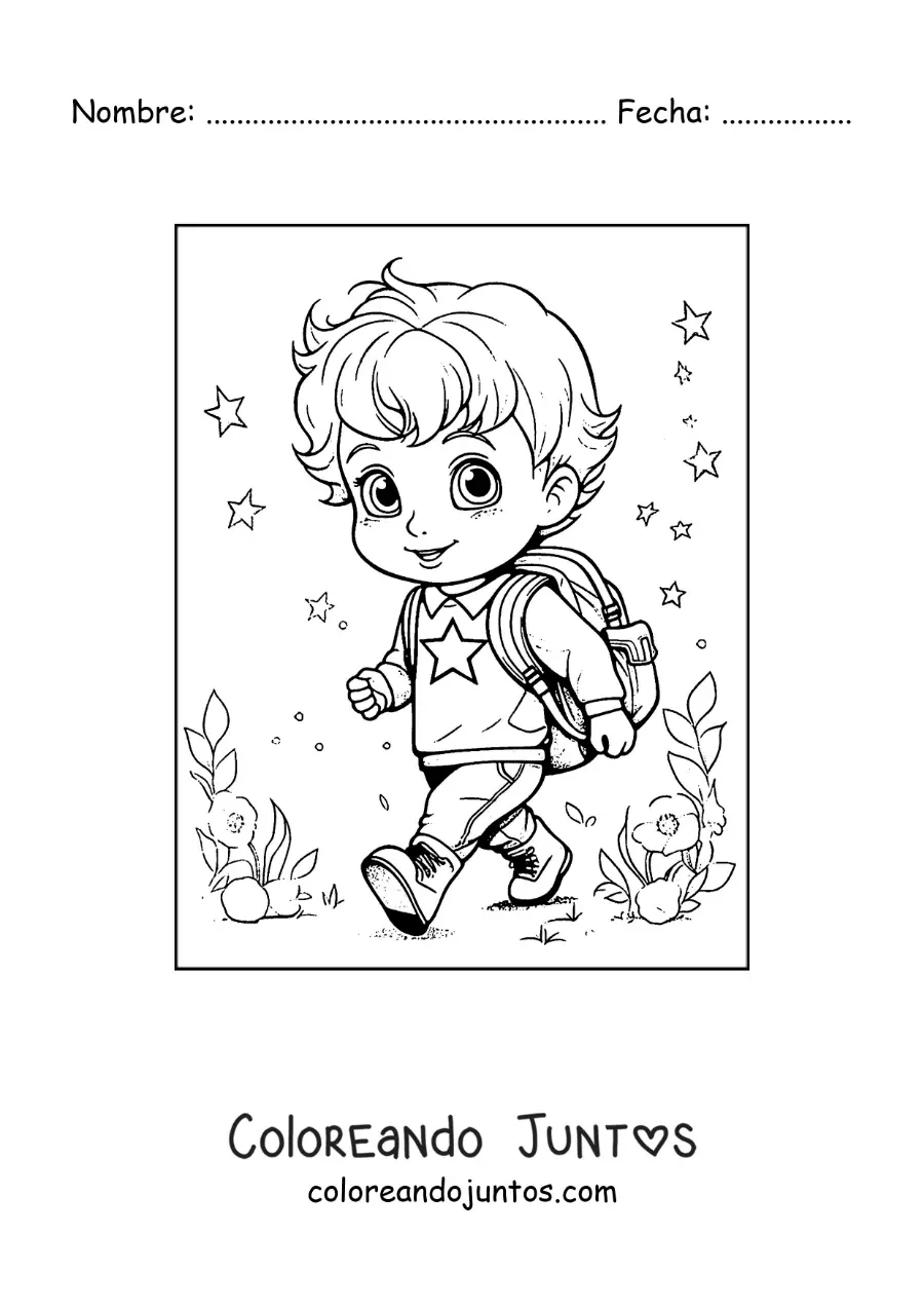 Imagen para colorear de un niño kawaii con su mochila listo para ir a la escuela