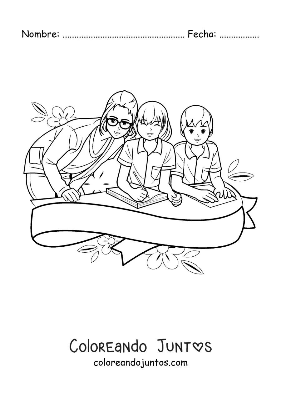 Imagen para colorear de dos niños en la escuela con su maestra