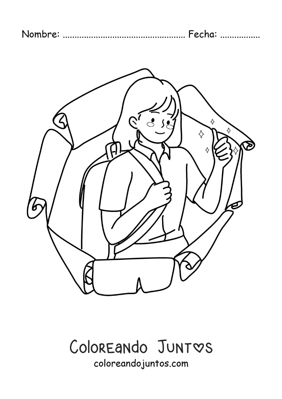 Imagen para colorear de una niña con uniforme y mochila lista para el regreso a clases