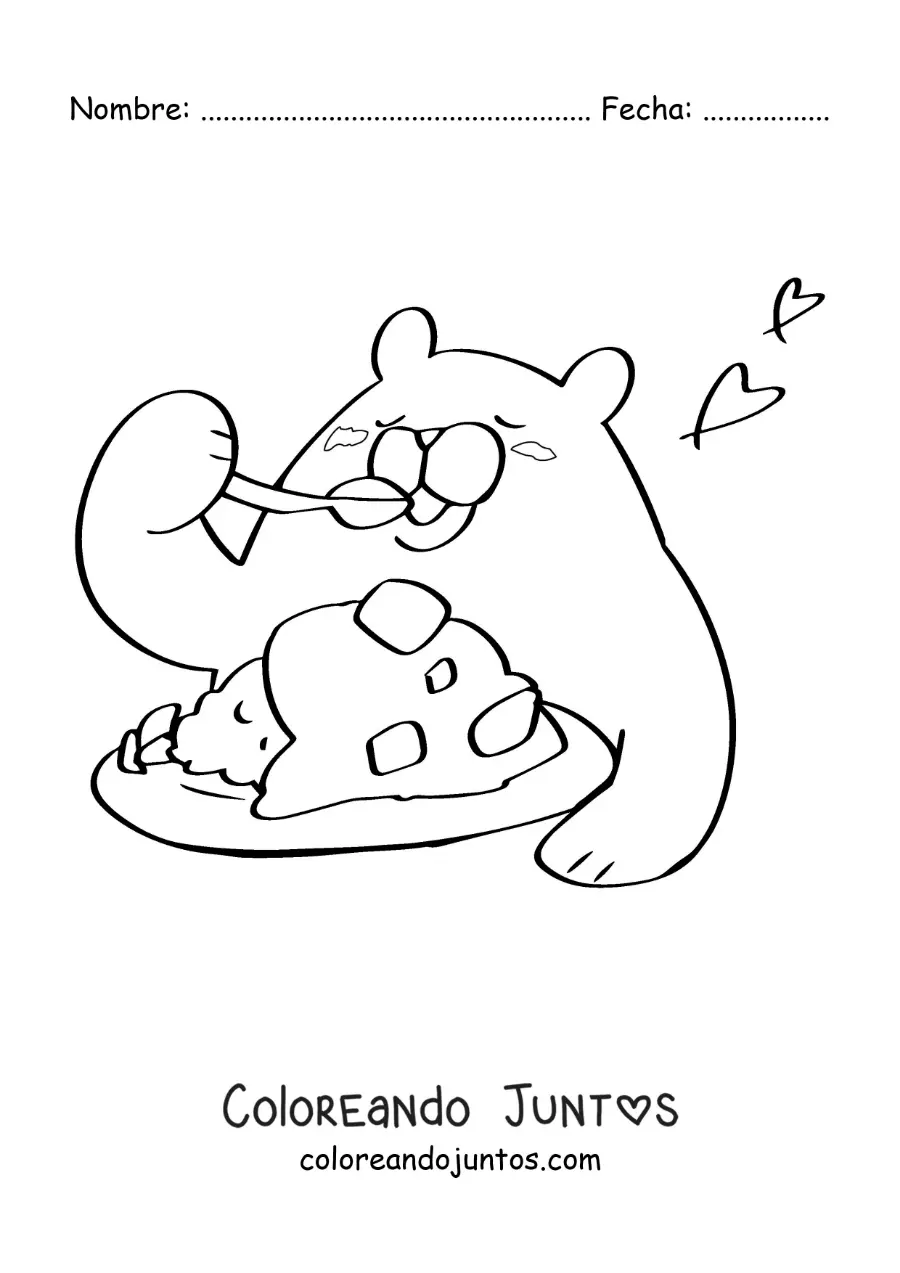 Imagen para colorear de un oso animado comiendo en un plato