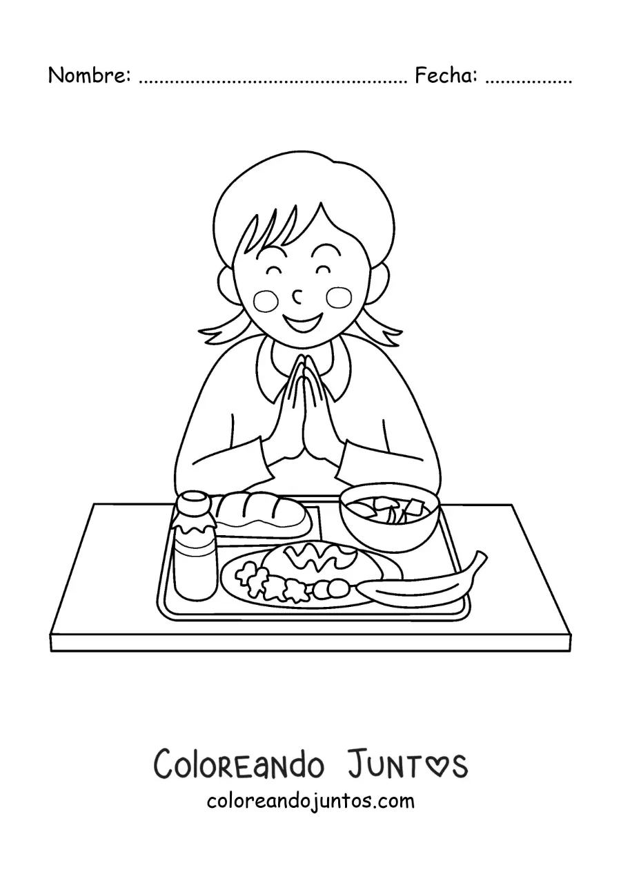 Imagen para colorear de una con las manos juntas agradeciendo el alimento del comedor escolar