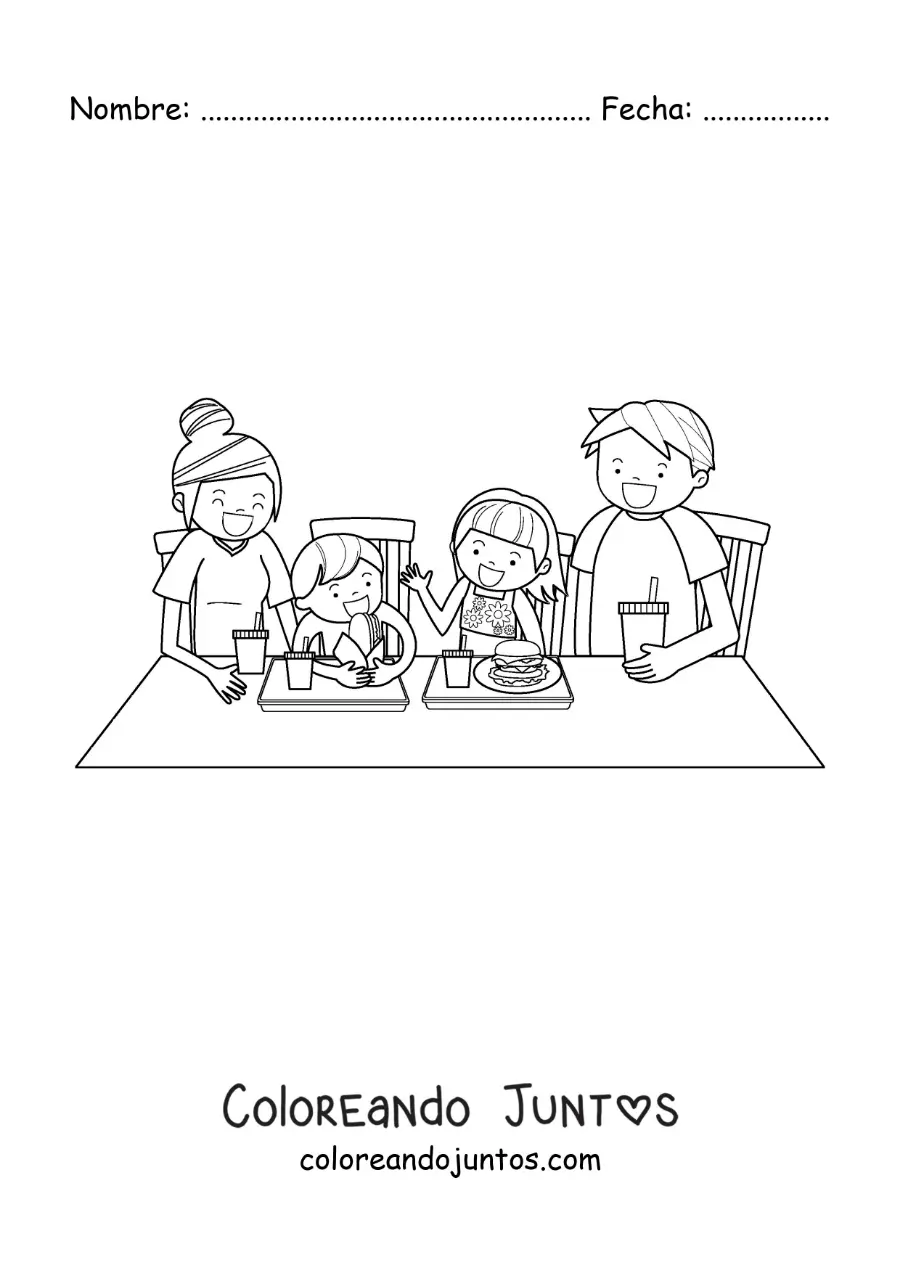 Imagen para colorear de una familia sentada a la mesa comiendo comida chatarra