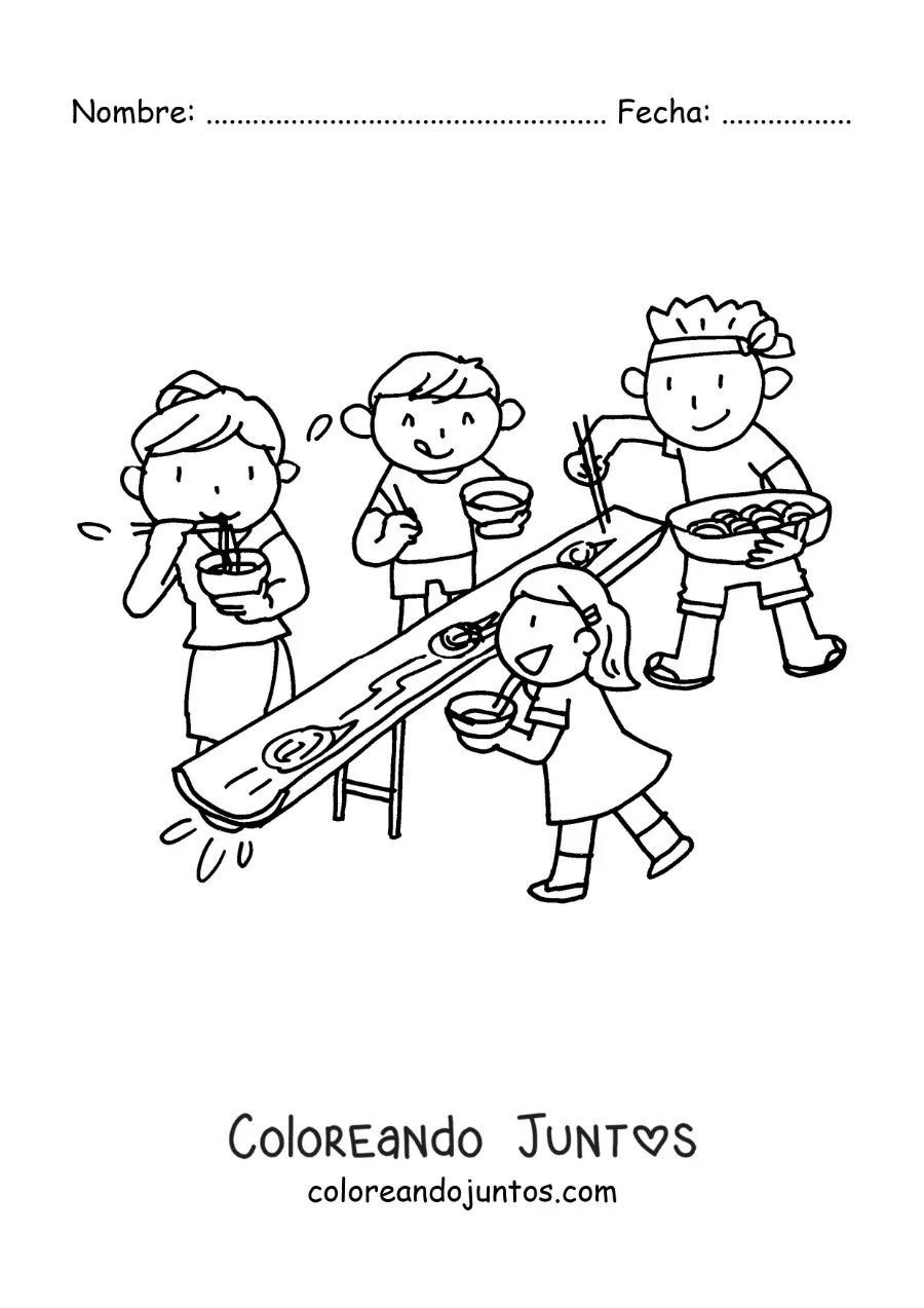 Imagen para colorear de personas comiendo ramen en un restaurante japonés