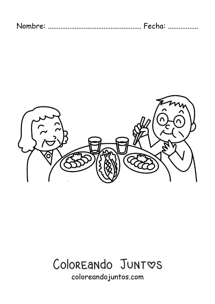 Imagen para colorear de una pareja de abuelos cenando comida saludable en la mesa