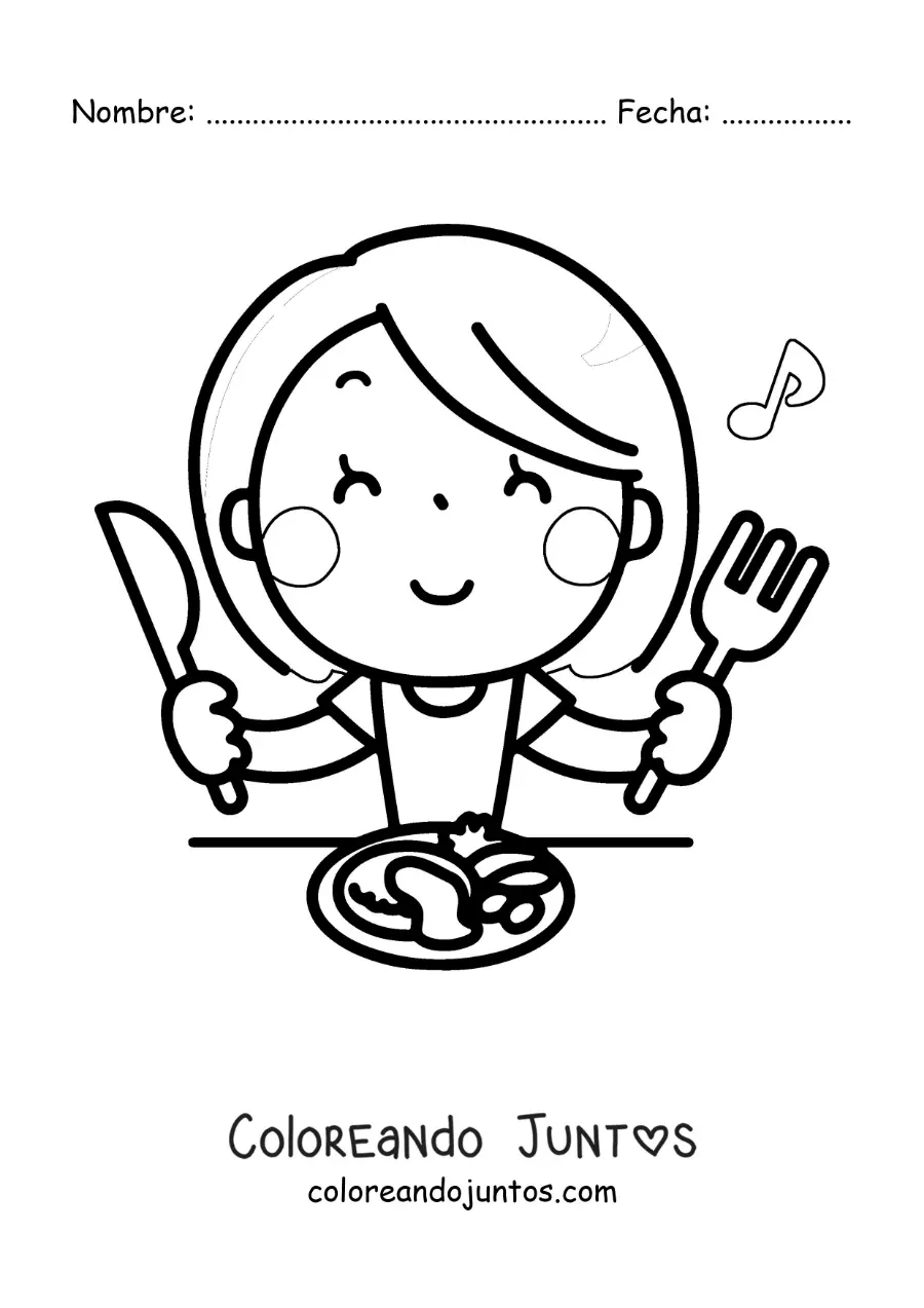Imagen para colorear de una mujer kawaii comiendo en la mesa con cubiertos