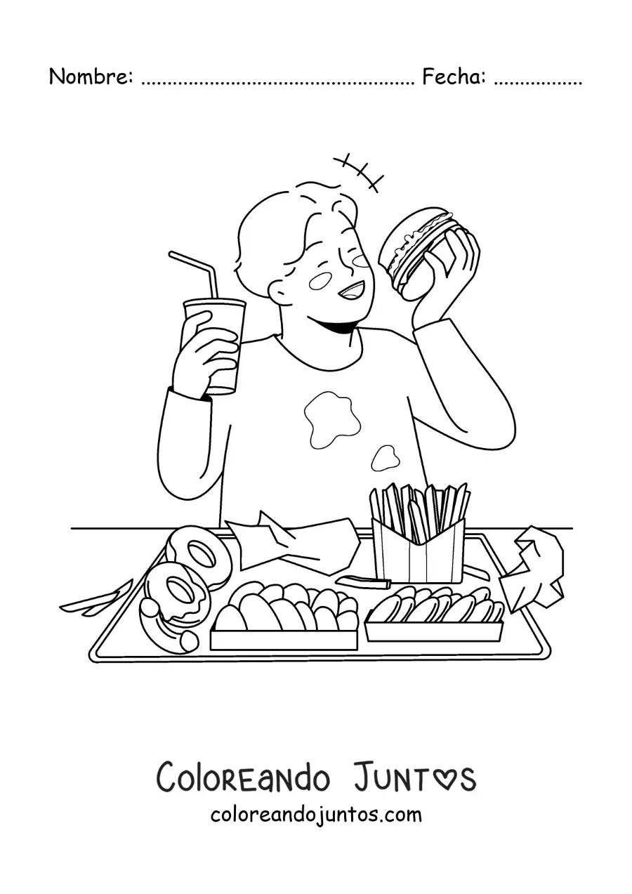 Imagen para colorear de un niño comiendo comida chatarra