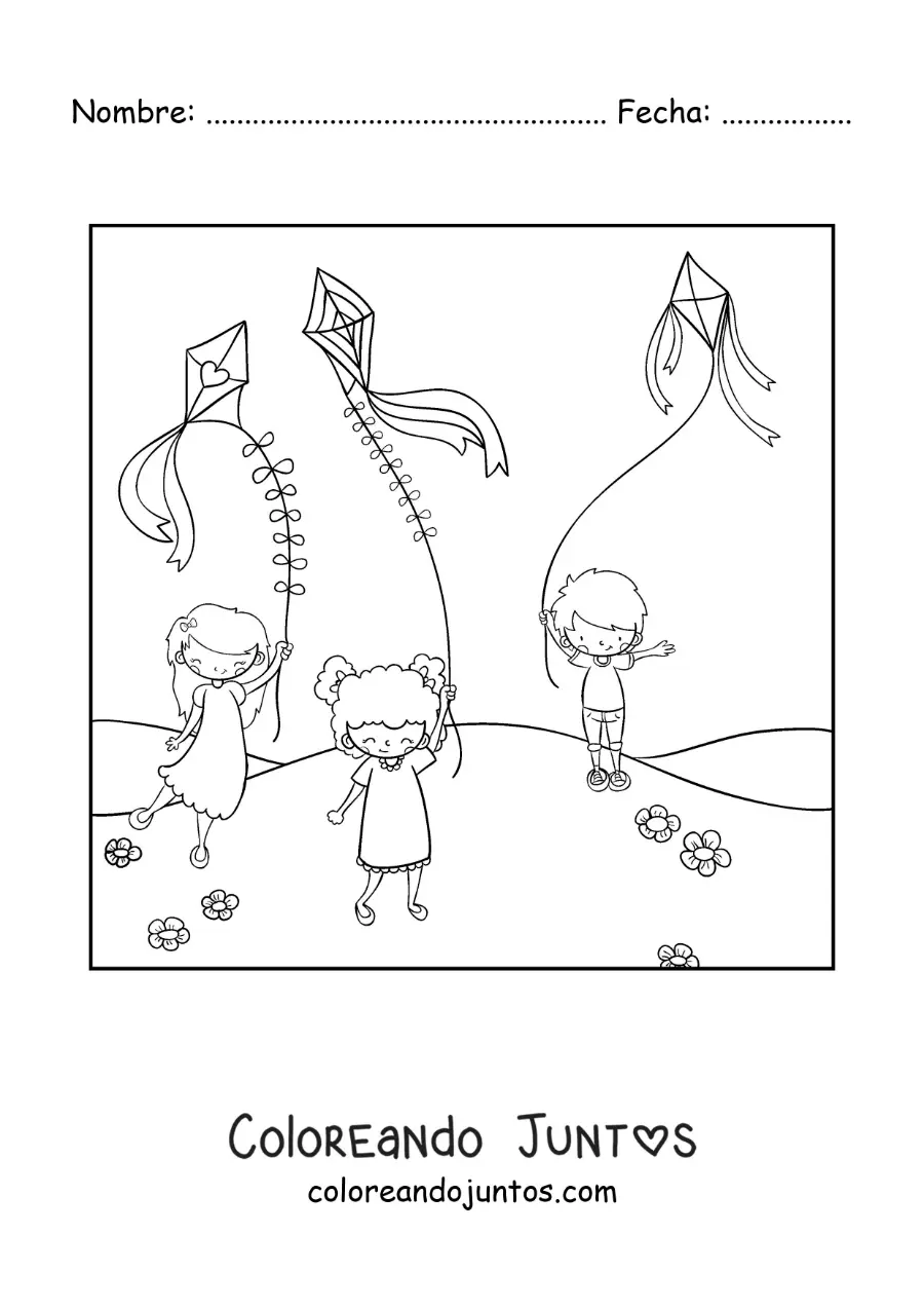 Imagen para colorear de niños volando cometas en el parque