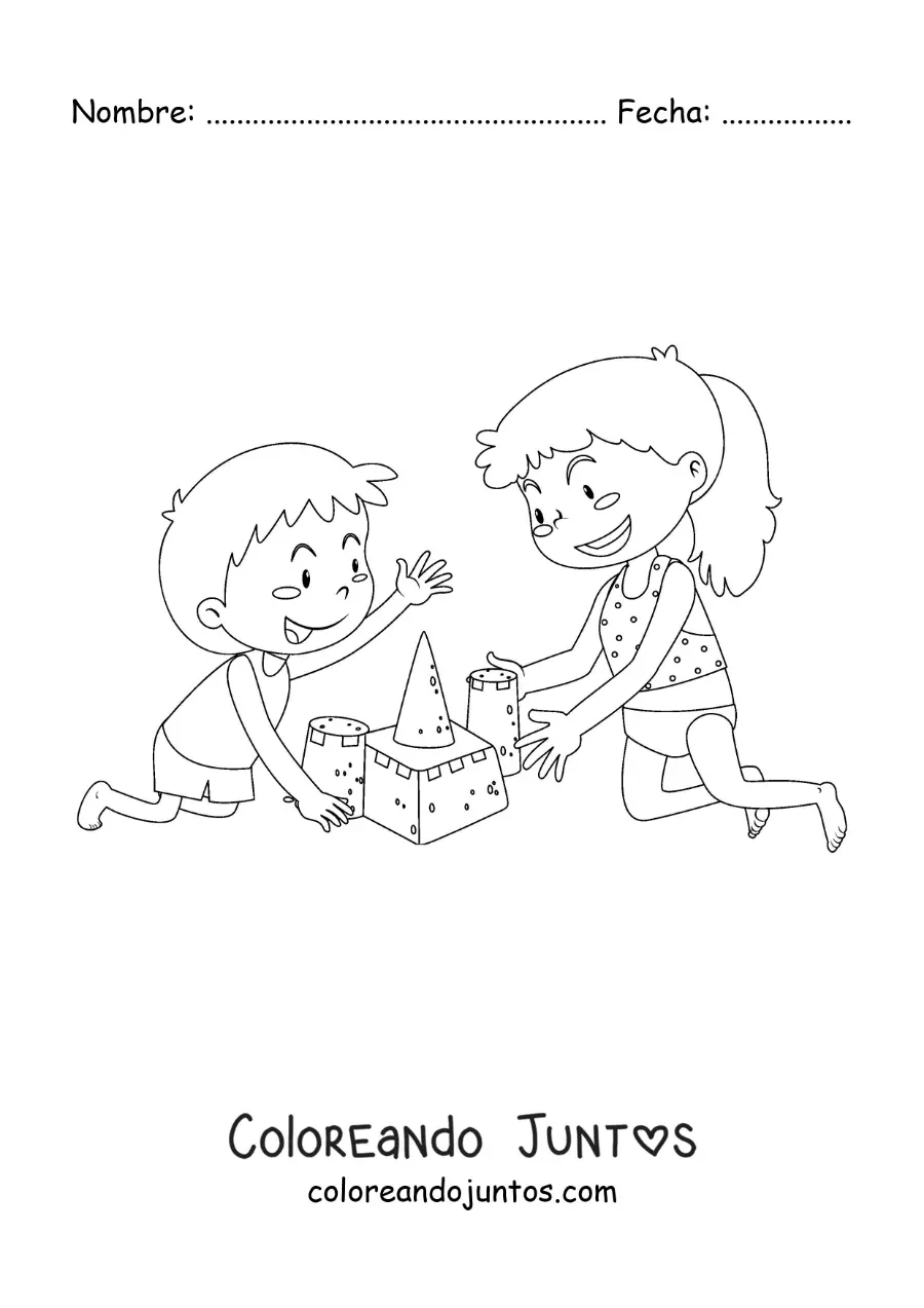 Imagen para colorear de una niña y un niño jugando en la playa
